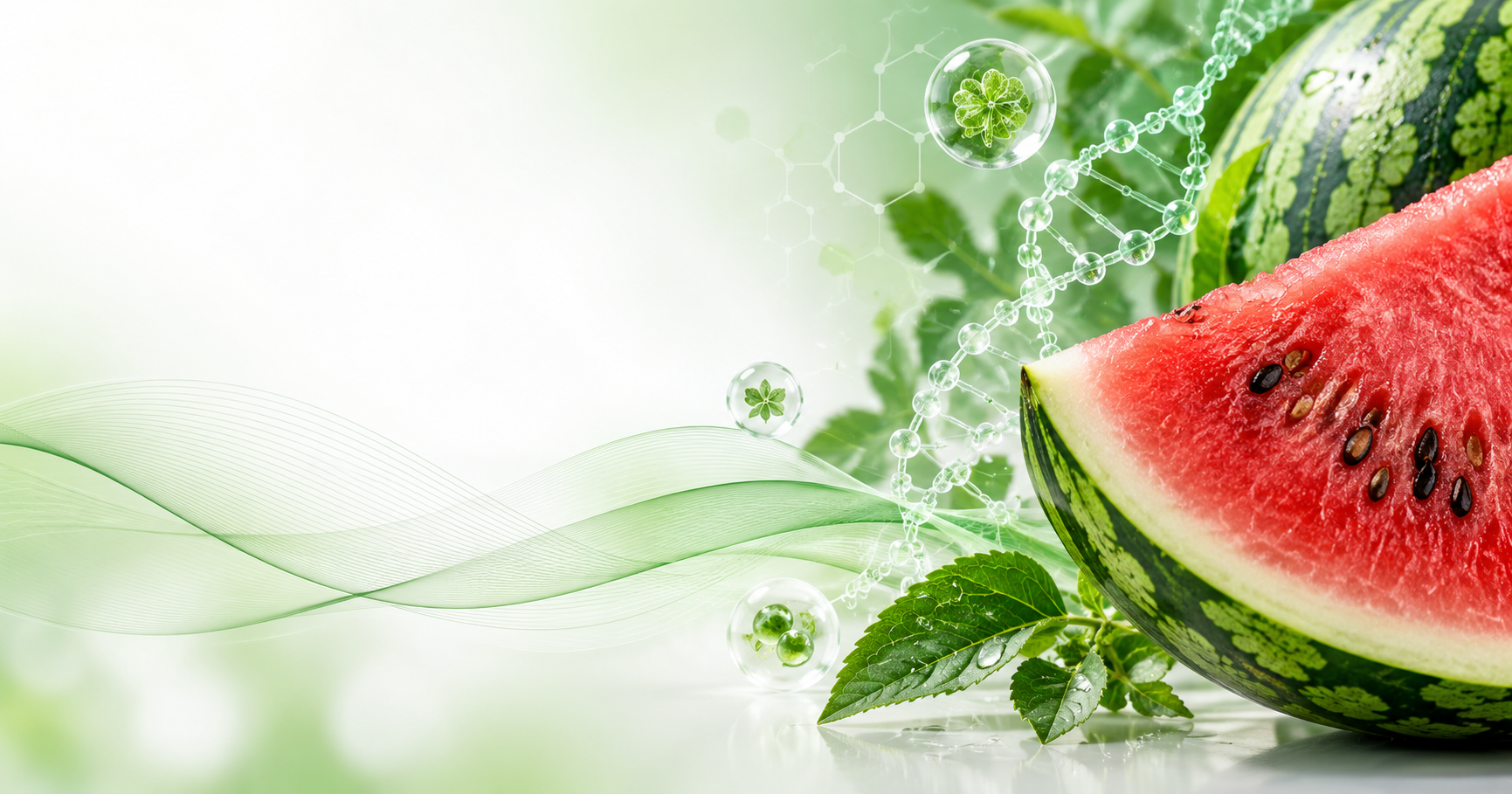 Watermelon biotechnology visual with fresh watermelon, green leaves and molecular-inspired design